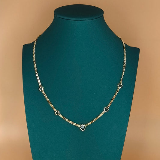 Gold Plated Chain Necklace with Heart Charms and Green Stone