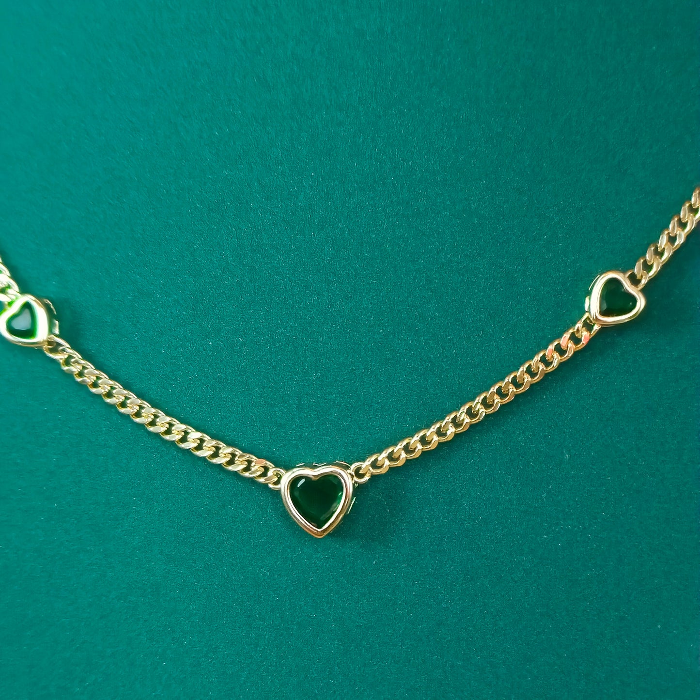 Gold Plated Chain Necklace with Heart Charms and Green Stone