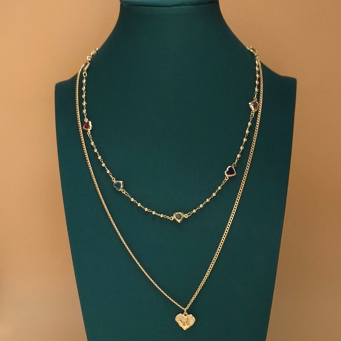 Double Layer Gold Chain Necklace with Heart Pendant