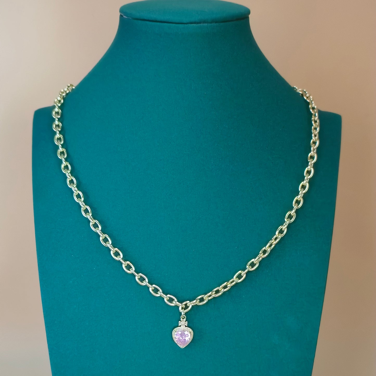 Gold Chain Necklace with Pink Heart Pendant