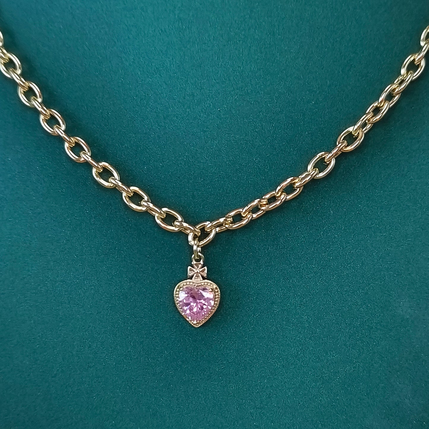 Gold Chain Necklace with Pink Heart Pendant
