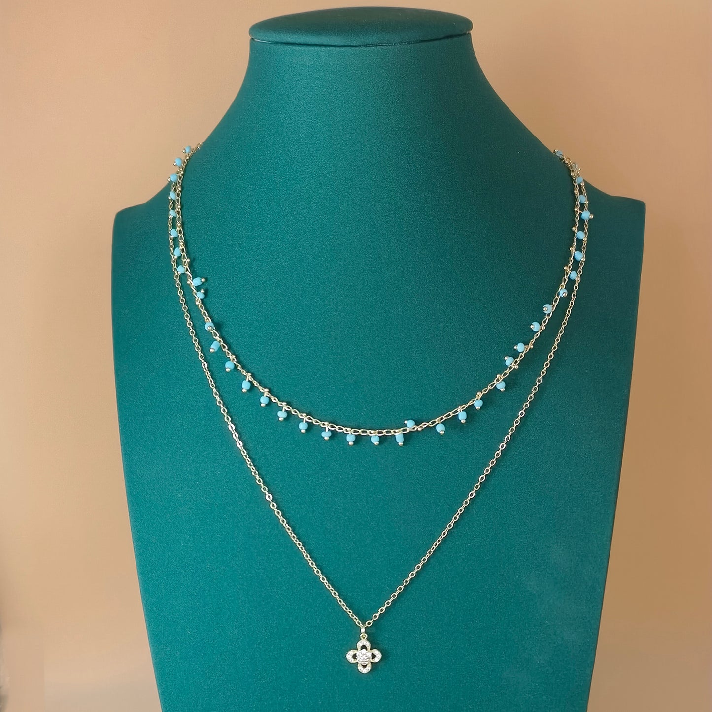 Layered Gold Chain Necklace with Turquoise Beads & Crystal Flower Pendant