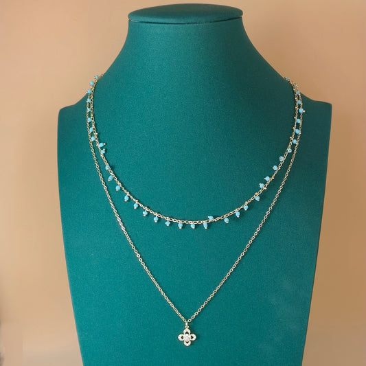 Layered Gold Chain Necklace with Turquoise Beads & Crystal Flower Pendant