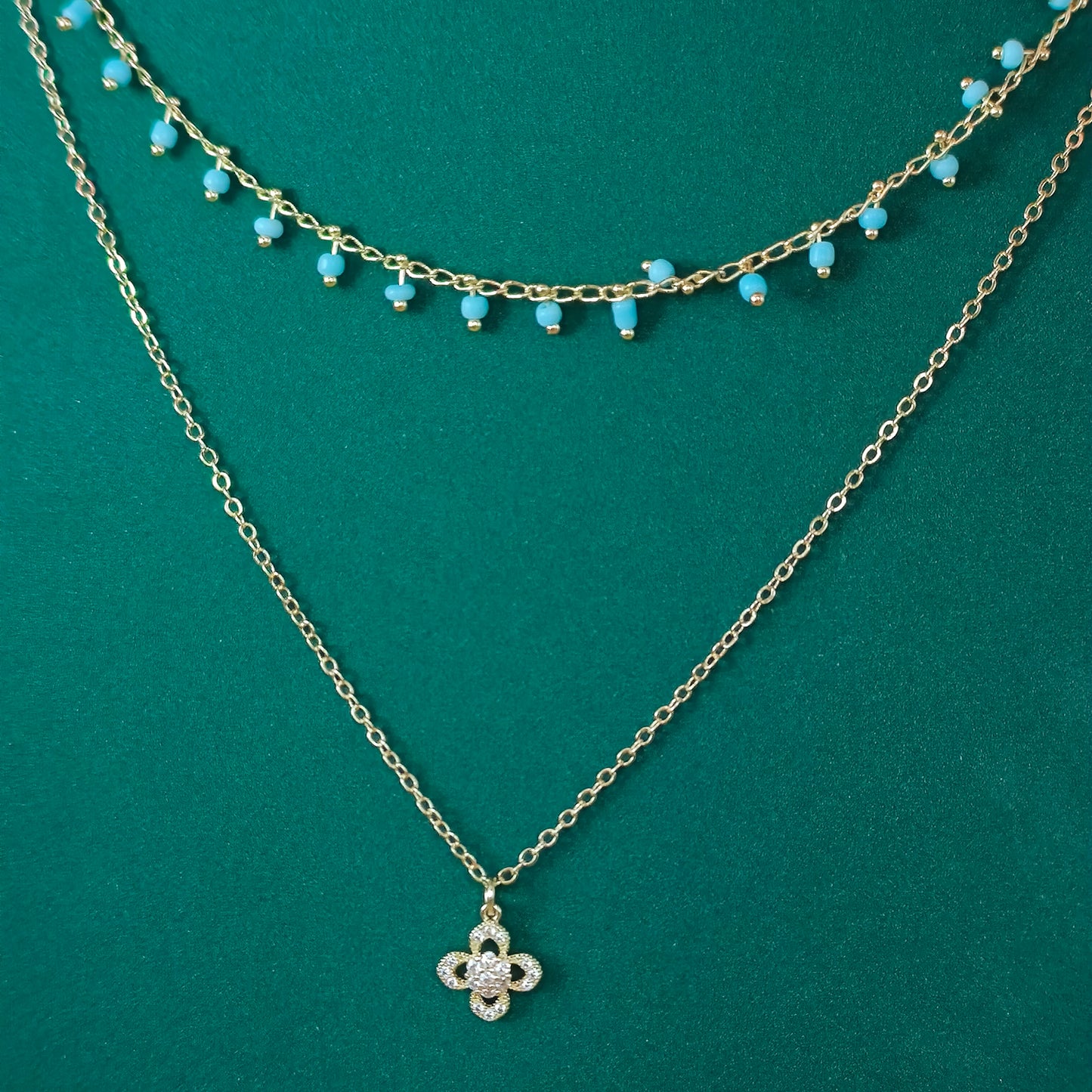 Layered Gold Chain Necklace with Turquoise Beads & Crystal Flower Pendant