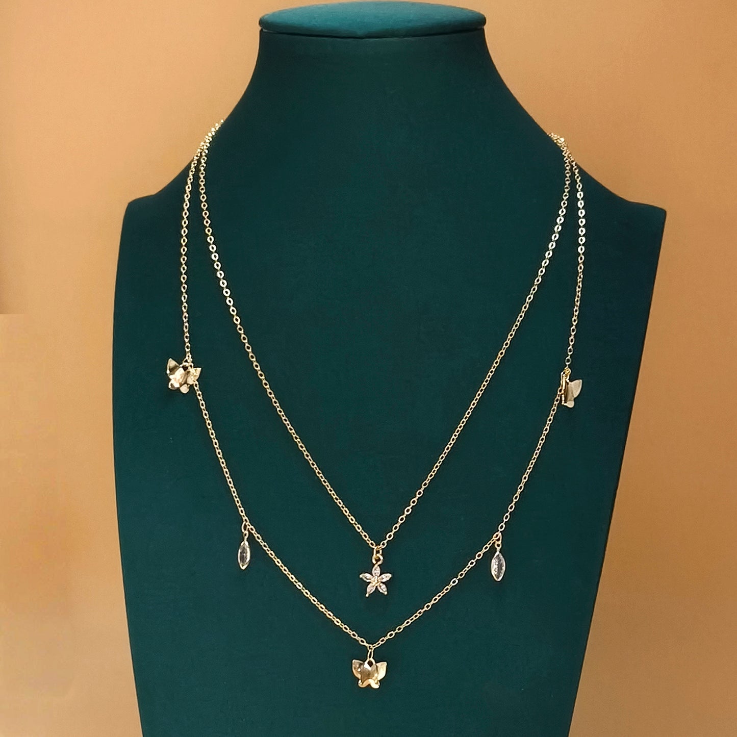 Gold Plated Dual Layer Butterfly and Flower Necklace