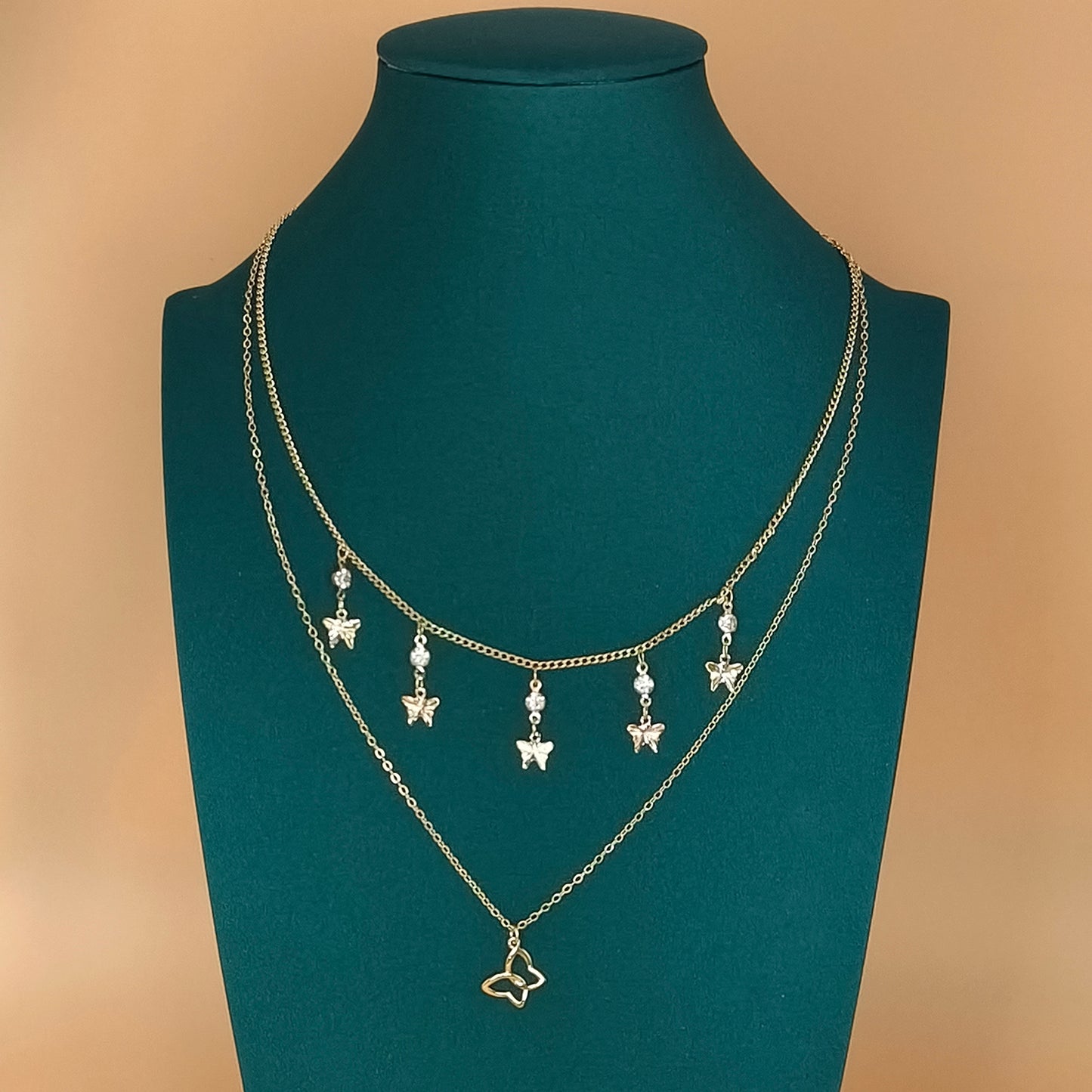Gold Plated Dual Layer Multi Butterfly Charm Necklace