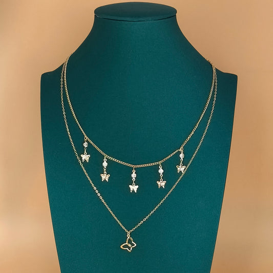 Gold Plated Dual Layer Multi Butterfly Charm Necklace