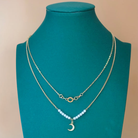 Gold Plated Dual Layer Moon and Pearl Necklace