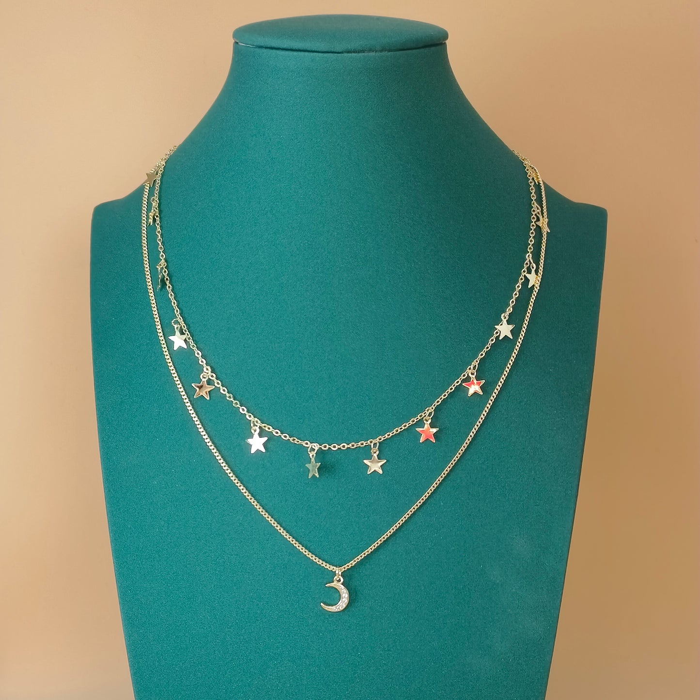 Gold Plated Dual Layer Moon and Star Necklace