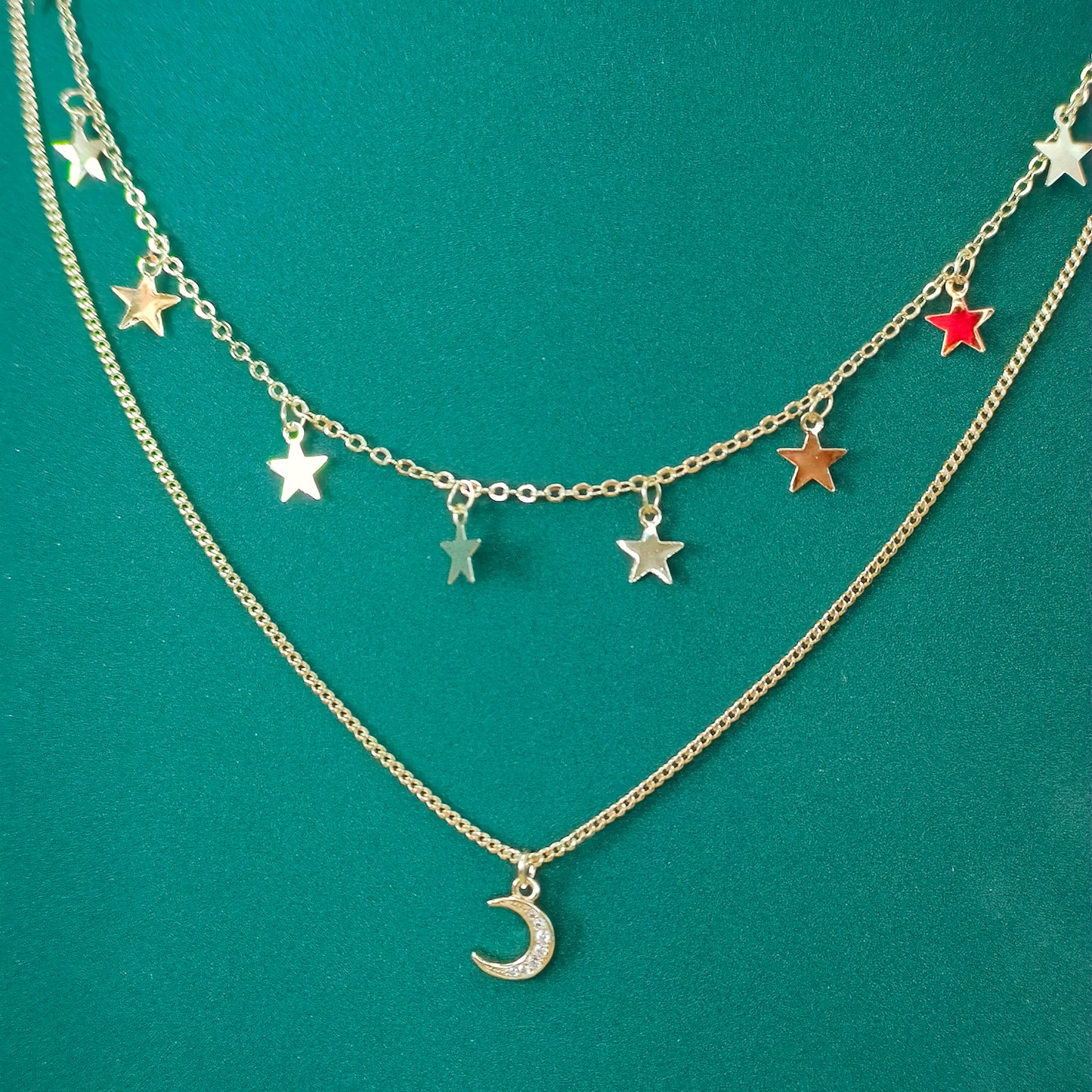 Gold Plated Dual Layer Moon and Star Necklace