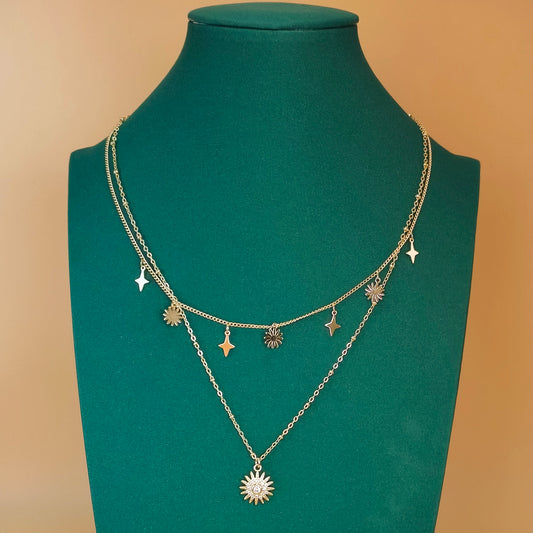 Gold Plated Dual Layer Flower and Star Necklace