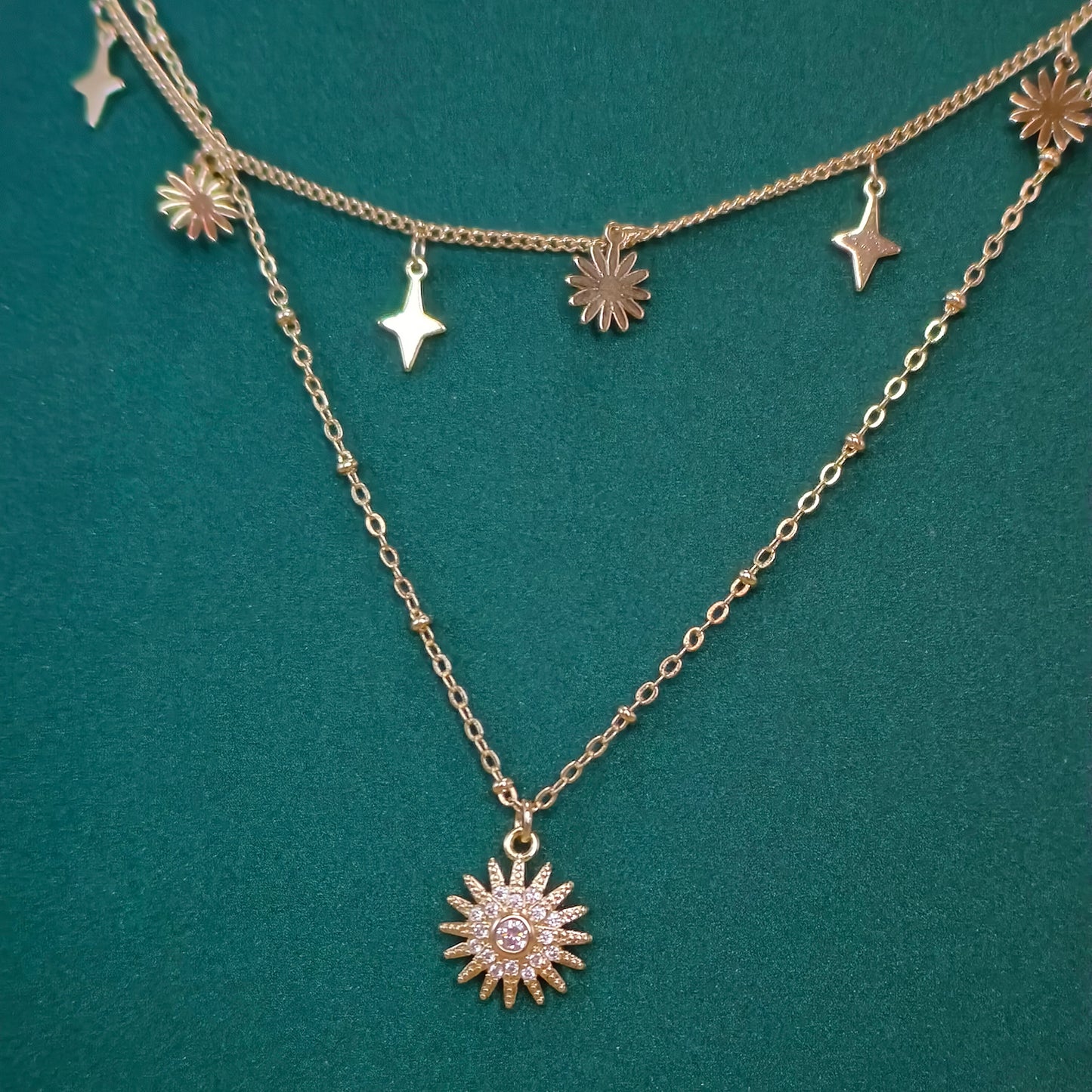 Gold Plated Dual Layer Flower and Star Necklace